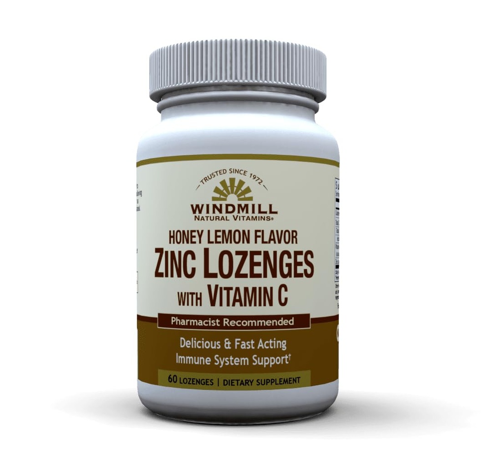 Windmill Health Products Natural Vitaminer Zink Lozenges med C-vitamin Honey Lemon Flavor, immunsystem support, Giver Antioxidant Support, Lækker & Hurtig Funktion, 60 Lozenges, 60 Servere.