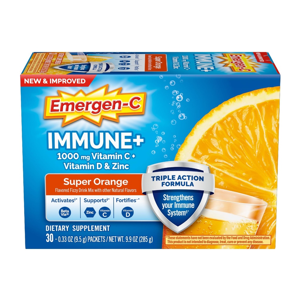Emergen- C Immunum + Triple Action immunforsvar pulver, BetaVia (R), 1000mg C-vitamin, B-vitaminer, D-vitamin og antioxidanter, Super Orange, Tilbage til skolen Essentials - 30 Greve
