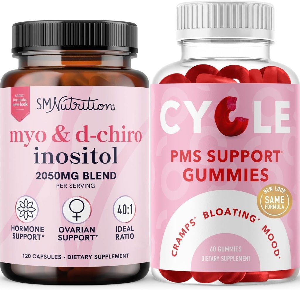SMNutrition PMS Support Gummies & Myo- Inositol & D- Chiro Inositol Budding Bundle med 40: 1 Ratio Inositol Supplement (30 Servere) og Herbal Cycle Support Gummies for Kvinder (30 Servere)