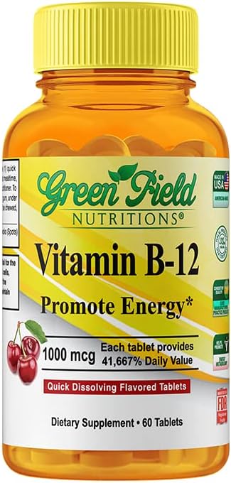 Greenfield Nutritions Halal Vitamin B12 1000mcg - Cherry Flavored Fast Absorption 60 Sublingual B12 Tablets - Natural B12 Halal Vitamins, Supports Brain, Blood Cell Health and Energy Metabolism