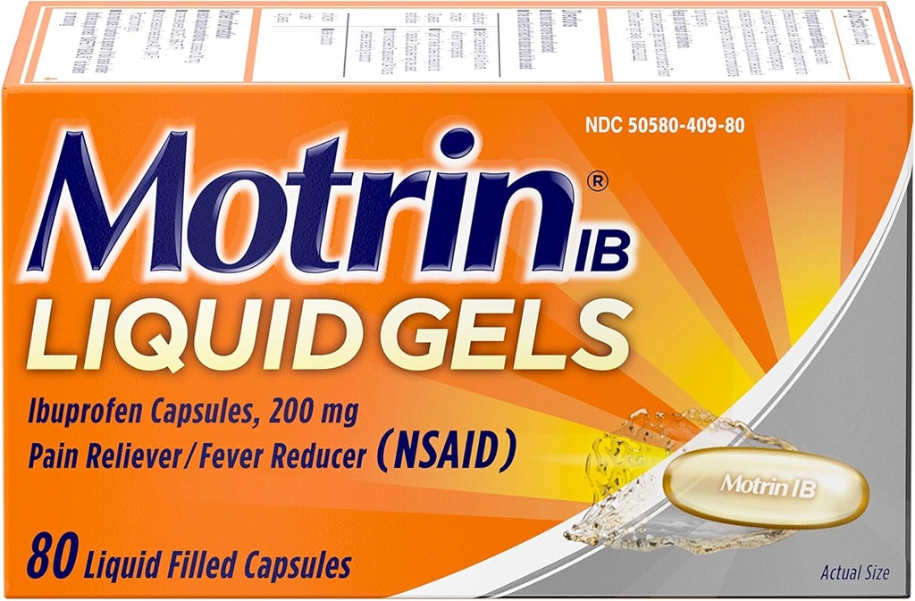 Motrin IB 200mg Ibuprofen Liquid Gel Pain Reliever / Feber Reducer for Aches & Pain, 80 ng