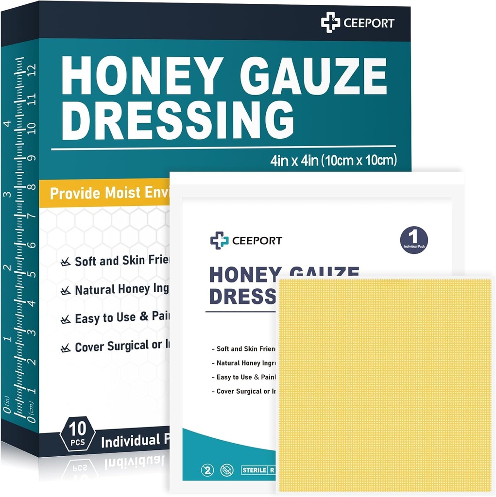 Honning Gauze Show Dressing, 4 "x 4" Manuka Honning Show Care, Medical Grade Honning Bandages for Show Care, Honning Patch for Hurtigere Healing fra Burns, Abrasions, Cuts og skalder (Pack of 10)