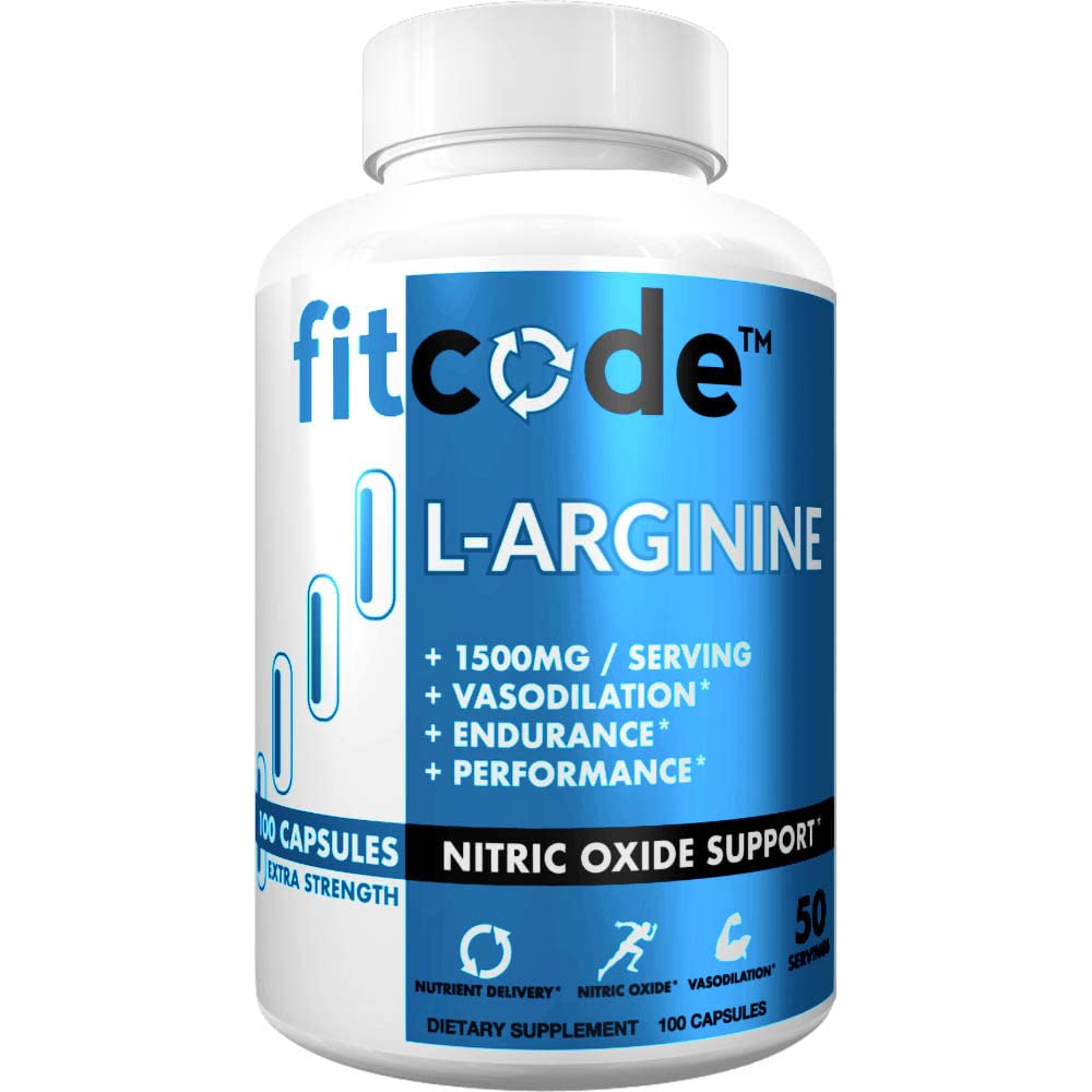fitcode Pure Extra Strength L- Arginin HCl 1500mg, nitrogenoxid tillæg for vaskularitet, Pumper, Endurance, Performance, Muscle Growth, Energy, Powerful N.O. Muscle Pumpkapsler (50 Servere)