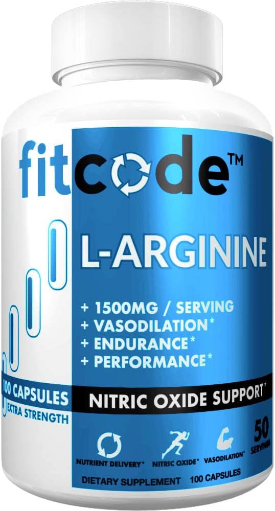 fitcode Pure Extra Strength L- Arginin HCl 1500mg, nitrogenoxid tillæg for vaskularitet, Pumper, Endurance, Performance, Muscle Growth, Energy, Powerful N.O. Muscle Pumpkapsler (50 Servere)