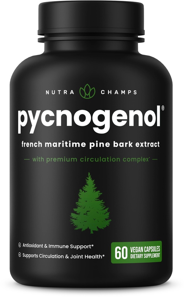 NutraChamps Pycnogenol Fransk Maritime Pine Bark Extract, Premium Circulation Complex, Blood Flow, Nitric Oxide Production, Superior Absorption, Resultater med Black Pepper Extract, 60 kapsler