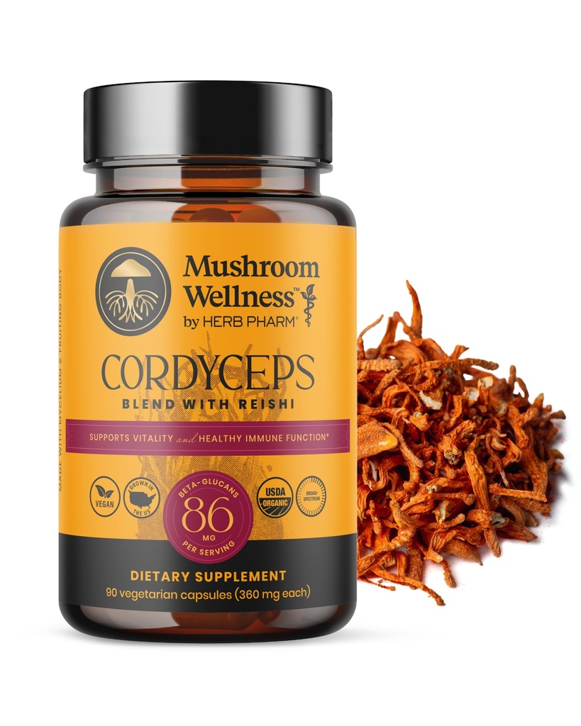 Mushroom Wellness Cordyceps Blend med Reishi: Organic Cordyceps & Reishi Mushroom Capsules, Mushroom Powder Supplement, Understøtter immunsystemet og sund urinfunktion, 90 Veganske Kapsler