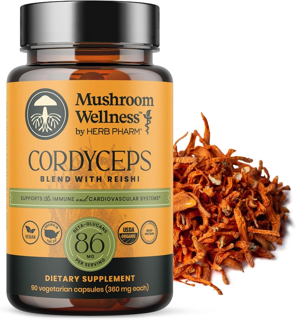 Mushroom Wellness Cordyceps Blend med Reishi: Organic Cordyceps & Reishi Mushroom Capsules, Mushroom Powder Supplement, Understøtter immunsystemet og sund urinfunktion, 90 Veganske Kapsler