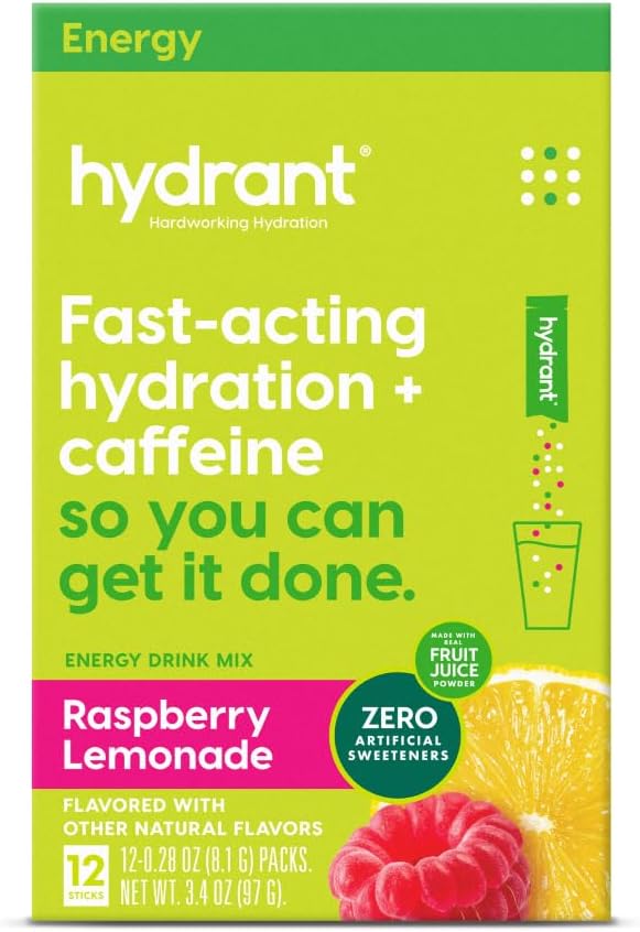 Hydrant - Energy Electrolyte Powder, Raspberry Lemonade Flavor, 12 Koffein & L- Theanine Energy Rehydration Stick Packs - Lavt sukker energigivende pulver til daglig brug