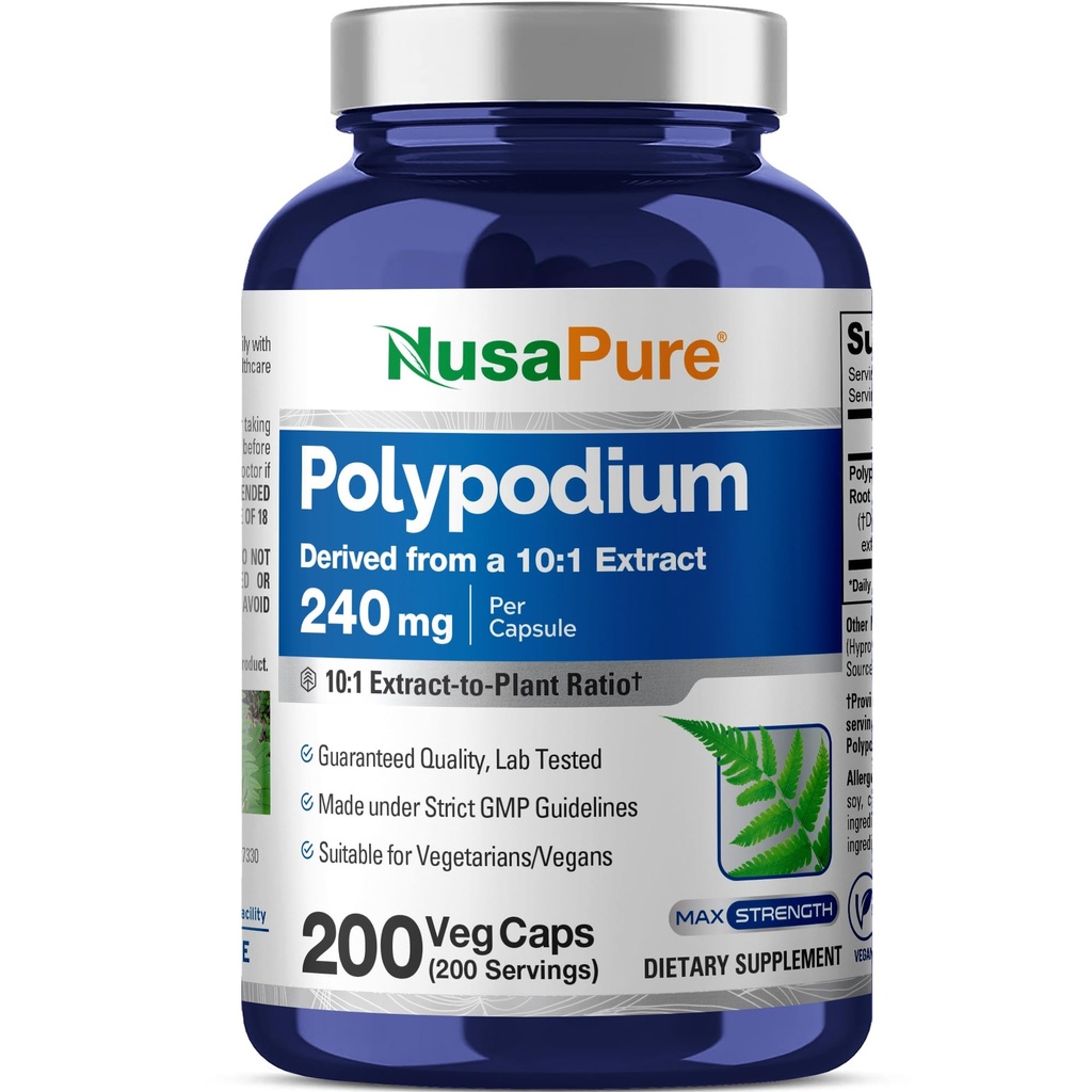 NusaPure Polypodium Leucotomos 10: 1 Extract, 240 mg Ækvivalent med 2400mg 200 Veggie Capsules (Vegetarisk, non- GMO, Vegan)