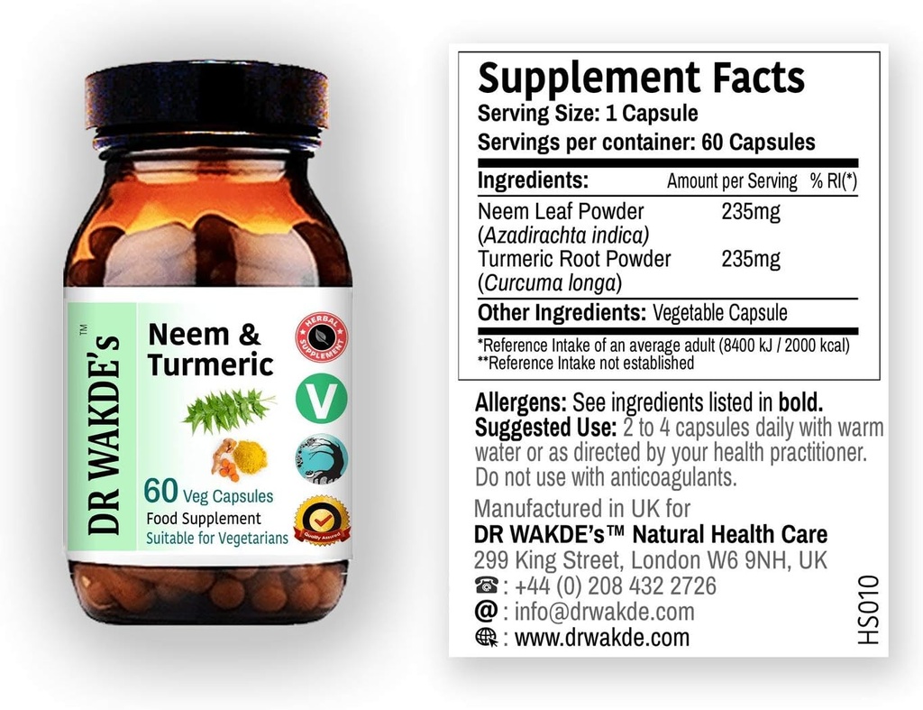 DR WAKDEs Neem & gurkemeje; 124; 60 Veg Caps • 124; Ayurvedic Supplement • 124; Vegan • 124; 100% Herbal • 124; Mængde Rabatter • 124; Samme dag Dispatch