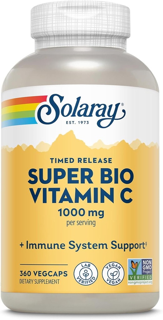 SOLARAY Super Bio Buffered C-vitamin 1000mg, Two-Stage, Timet Release C-vitamin med Bioflavonoider, immunsupport - Høj Absorption, Vegan, 60 dages garanti, 180 Servere, 360 VegCaps 180