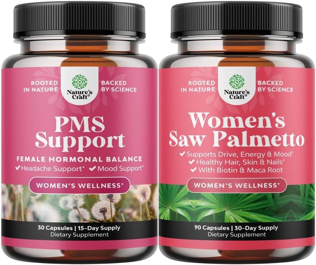 Bundle af PMS Support and Saw Palmetto for Kvinder - DIM, Chasteberry, Black Cohosh & Ashwagandha for Periode kramper, Bloating, Mood Swing og Saw Palmetto Uddrag med Maca Root & Biotin for Hårtab