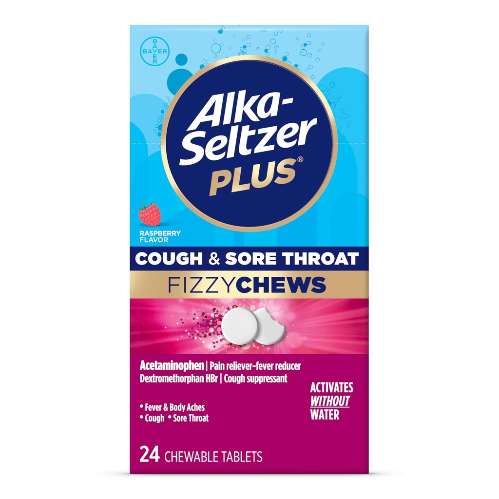 Alka- seltzer Plus Host & Sore Hals Fizzy tygger, Ingen vand påkrævet, På Go Sore Hals Relief for voksne, Raspberry Flavor, 24 Greve