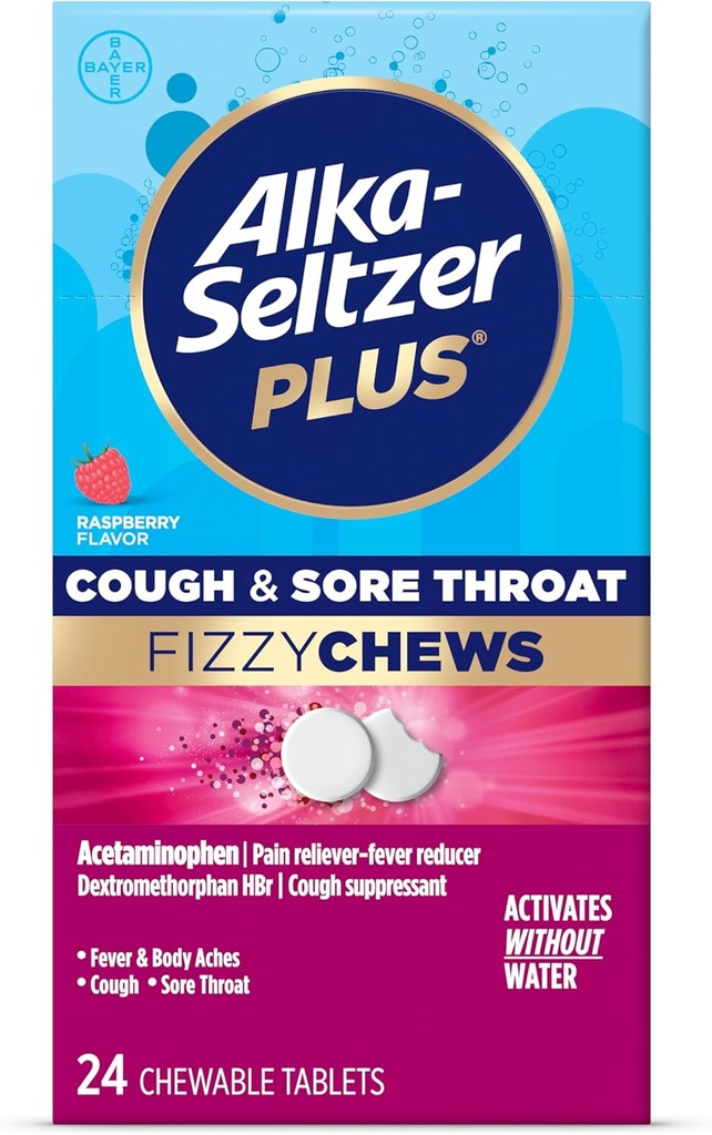 Alka- seltzer Plus Host & Sore Hals Fizzy tygger, Ingen vand påkrævet, På Go Sore Hals Relief for voksne, Raspberry Flavor, 24 Greve