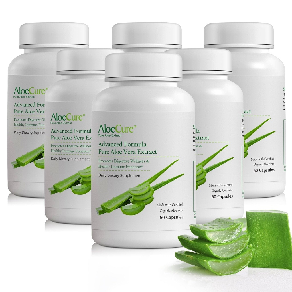 AloeCure Organic Aloe Vera Capsules, 130,000mg Inner Aloe Leaf Equivelant per servering, Support Gut Health & fordøjelseskomfort, Mavesyre Buffer, Naturlig immunsupplement, Aloin Free, 60 Kapsler