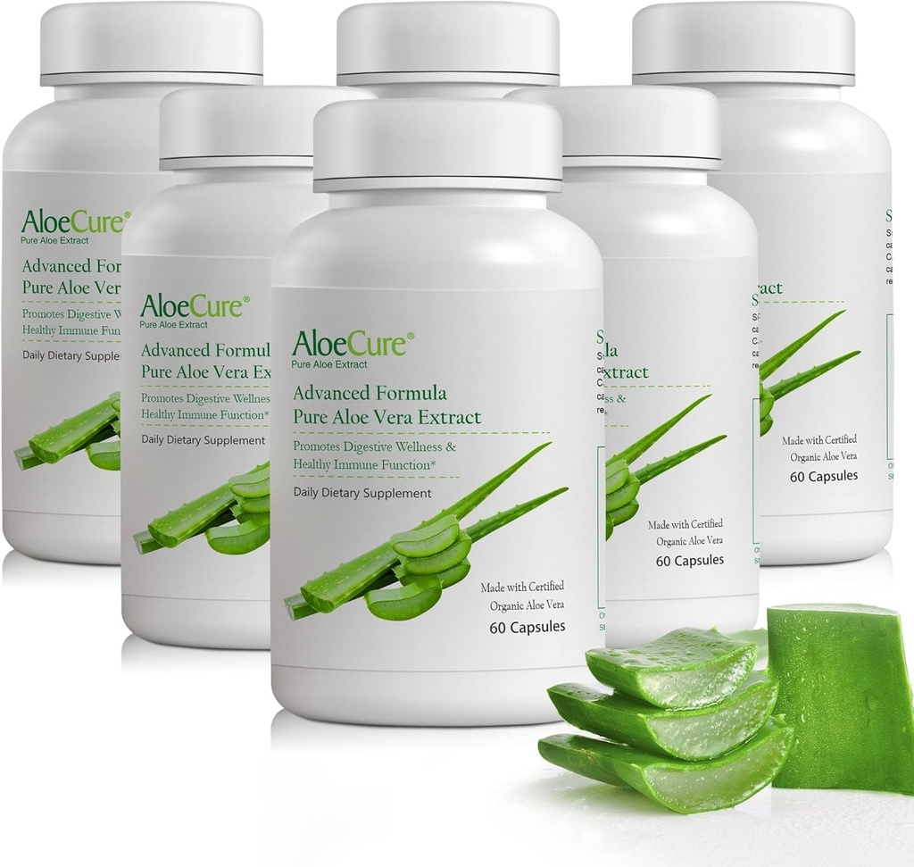 AloeCure Organic Aloe Vera Capsules, 130,000mg Inner Aloe Leaf Equivelant per servering, Support Gut Health & fordøjelseskomfort, Mavesyre Buffer, Naturlig immunsupplement, Aloin Free, 60 Kapsler