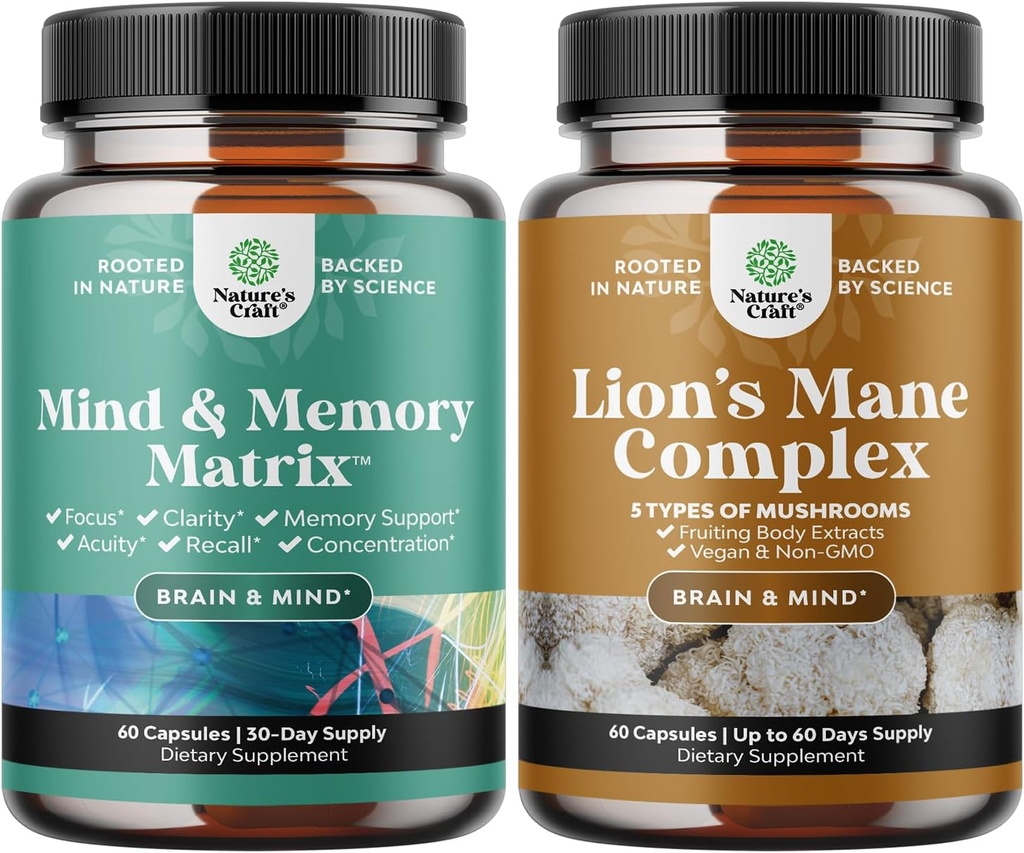 Bundle af Advanced Nootropics Brain Support Supplement med hukommelse & Focus Vitaminer og Advanced Lions Mane Mushroom Supplement med Reishi, Chaga, Maitake & Shiitake for Hukommelse Support & Focus