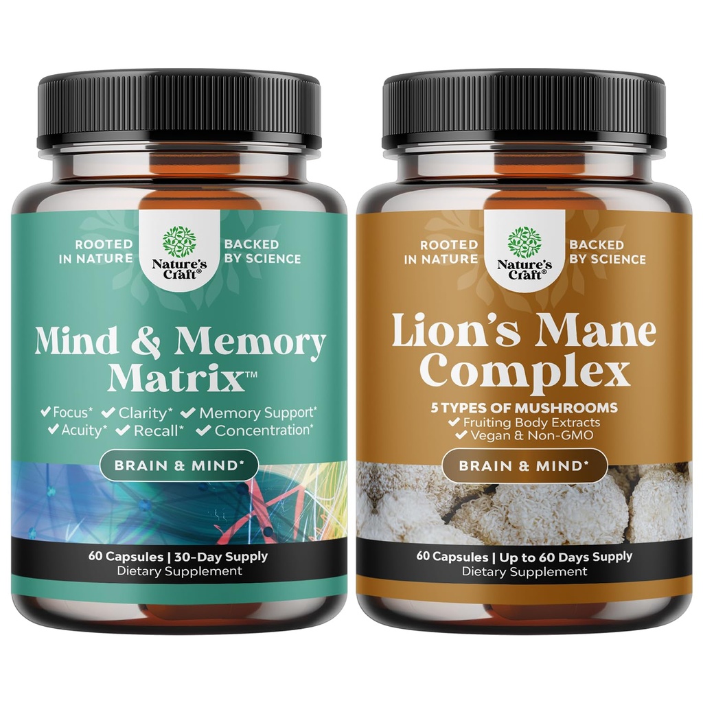 Bundle of Advanced Nootropics Brain Support Supplement with Memory & Focus Vitamins and Advanced Lion's Mane Mushroom Supplement with Reishi, Chaga, Maitake & Shiitake for Memory Support & Focus