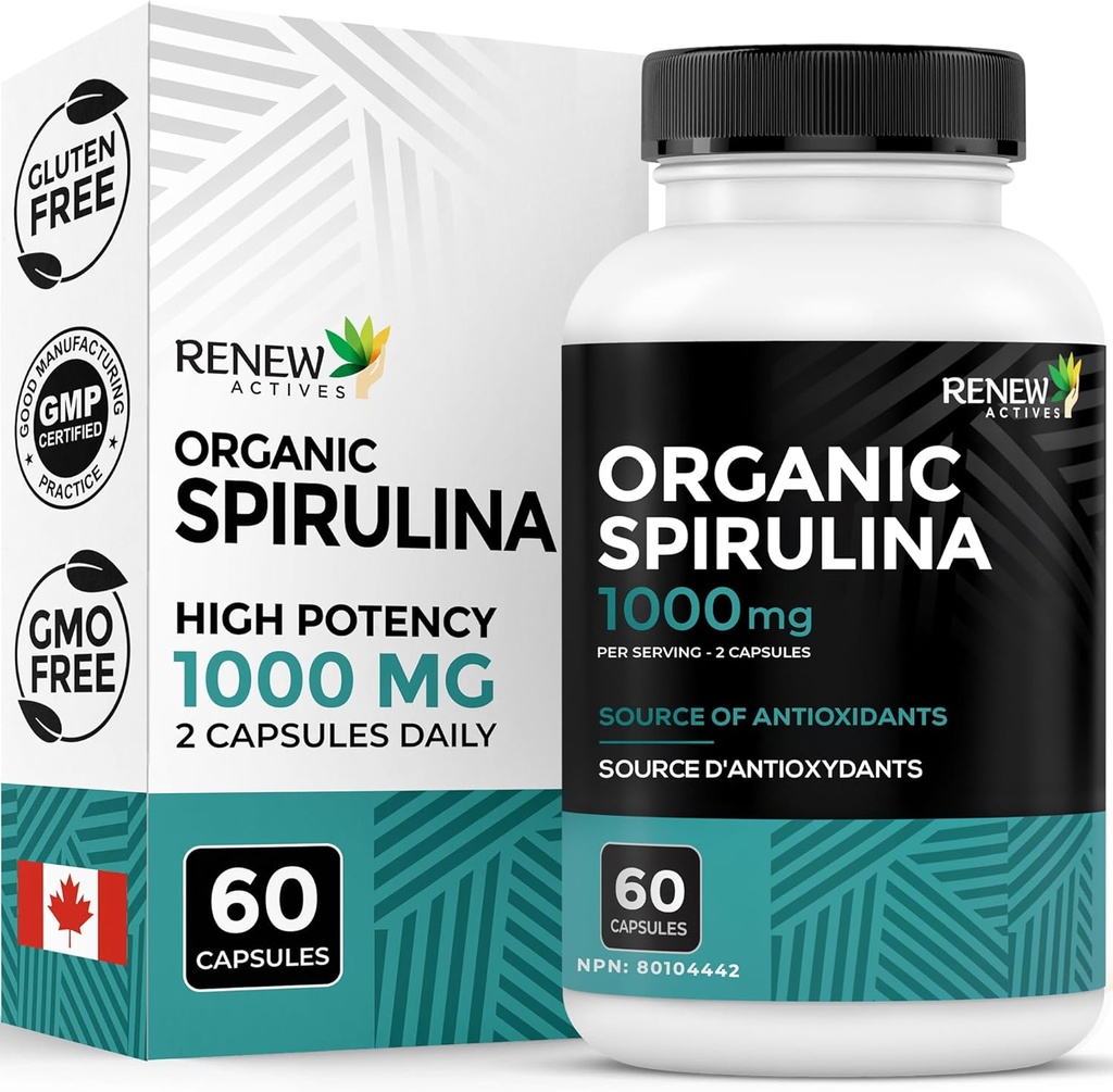 Renew Actives Organic Spirulina 1000MG per 2 kapsler - Superfood til mænd og kvinder - Understøtter energi, wellness & immunfunktion - Rig i antioxidanter & næringsstoffer - Lavet i Canada - 60 kapsler