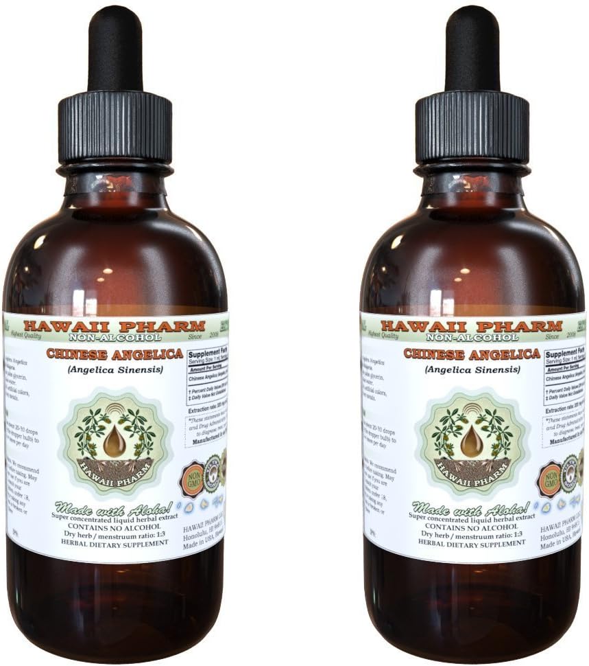 Angelica Kinesisk Alkohol- Free Liquid Extract, Organic Angelica (Angelica Sinensis) Tørret Root Glycerit Hawaii Pharm Natural Herbal Supplement 2x2 oz