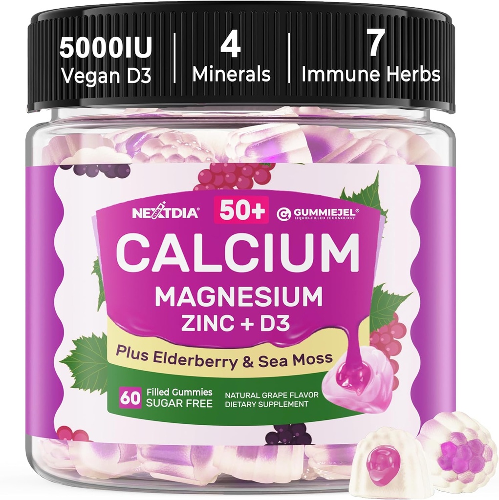 Calciumtilskud Gummies for kvinder og mænd 50 +, Calcium Citrate 1000mg med vitamin D3, Magnesium, zink, Elderberry, Høj Absorption Calciumtyggere for ben densitet, Relax Muscle, immun, Vegan 60cts