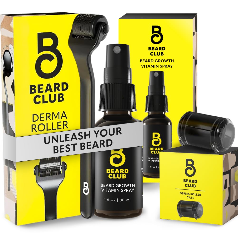 Beard Club Premium Derma Roller & Biotin Beard Growth Vitamin Spray - Mikroneedle Roller til mænd og kvinder med 540 Titanium Mikroneedles - Beard Roller & Beard Oil til ansigt, krop og skalp