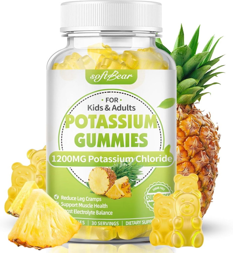 softbear Kalium Chloride Gummies 1200mg, Sugar- Free Kalium Gummies for adult Support Leg Cramps High Potency Kalium Chloride Supplement, Ananas Arv 60 Greve