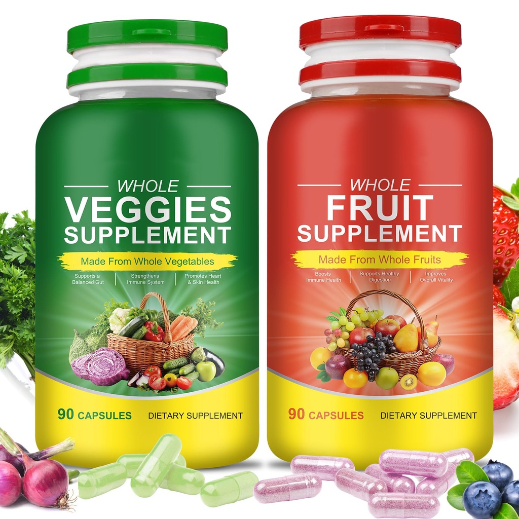 Frugt & Veggies Kosttilskud - 2 Flasker 180 Total Vegetariske Kapsler Budding 124; BalanceNatural Vitaminer Supplement Kosttilskud Balance, Lnestilenter Blended Vitamin & Mineral Hel Food Supplement