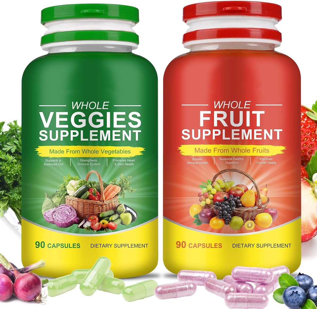 Frugt & Veggies Kosttilskud - 2 Flasker 180 Total Vegetariske Kapsler Budding 124; BalanceNatural Vitaminer Supplement Kosttilskud Balance, Lnestilenter Blended Vitamin & Mineral Hel Food Supplement