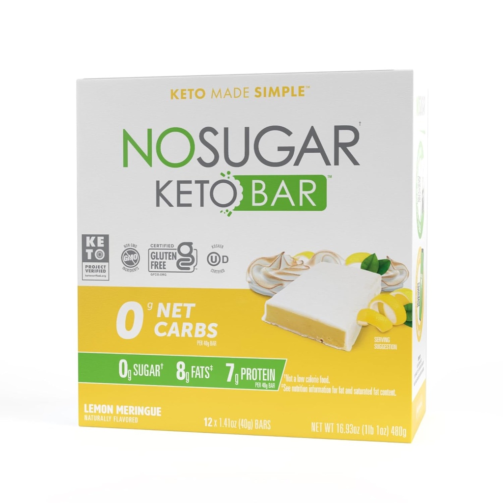 Ingen sukker Keto Bar Snacks - Lemon Meringue Flavor - Lav Carb Ingen sukker Keto Snack Food Bar med Keto Friendly Macros, 0g Net Carb, 7g Plant baseret protein, 8g Sund Fedt, Sukker Free (0g) - 12 Barer