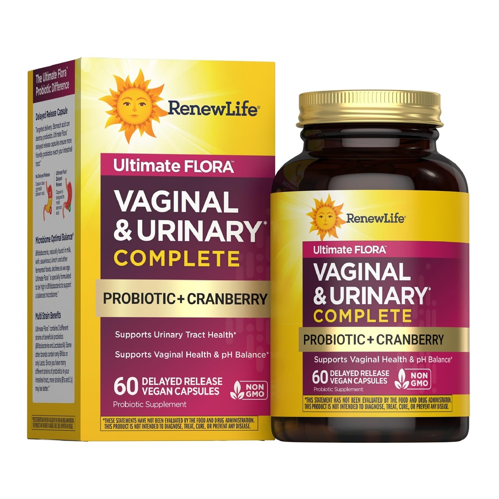 Renew Life Women 's Wellness Vaginal and Urinary Probiotic and Cranberry Supplement, Probiotic Supplement for pH balance for kvinder, fordøjelsessygdomme, Dairy, Soy og Gluten- Free, 3,5 milliarder CFU 60 Ct