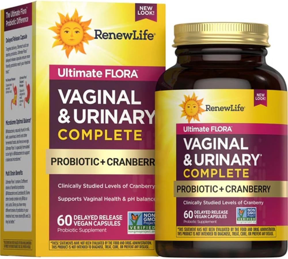 Renew Life Women 's Wellness Vaginal and Urinary Probiotic and Cranberry Supplement, Probiotic Supplement for pH balance for kvinder, fordøjelsessygdomme, Dairy, Soy og Gluten- Free, 3,5 milliarder CFU 60 Ct