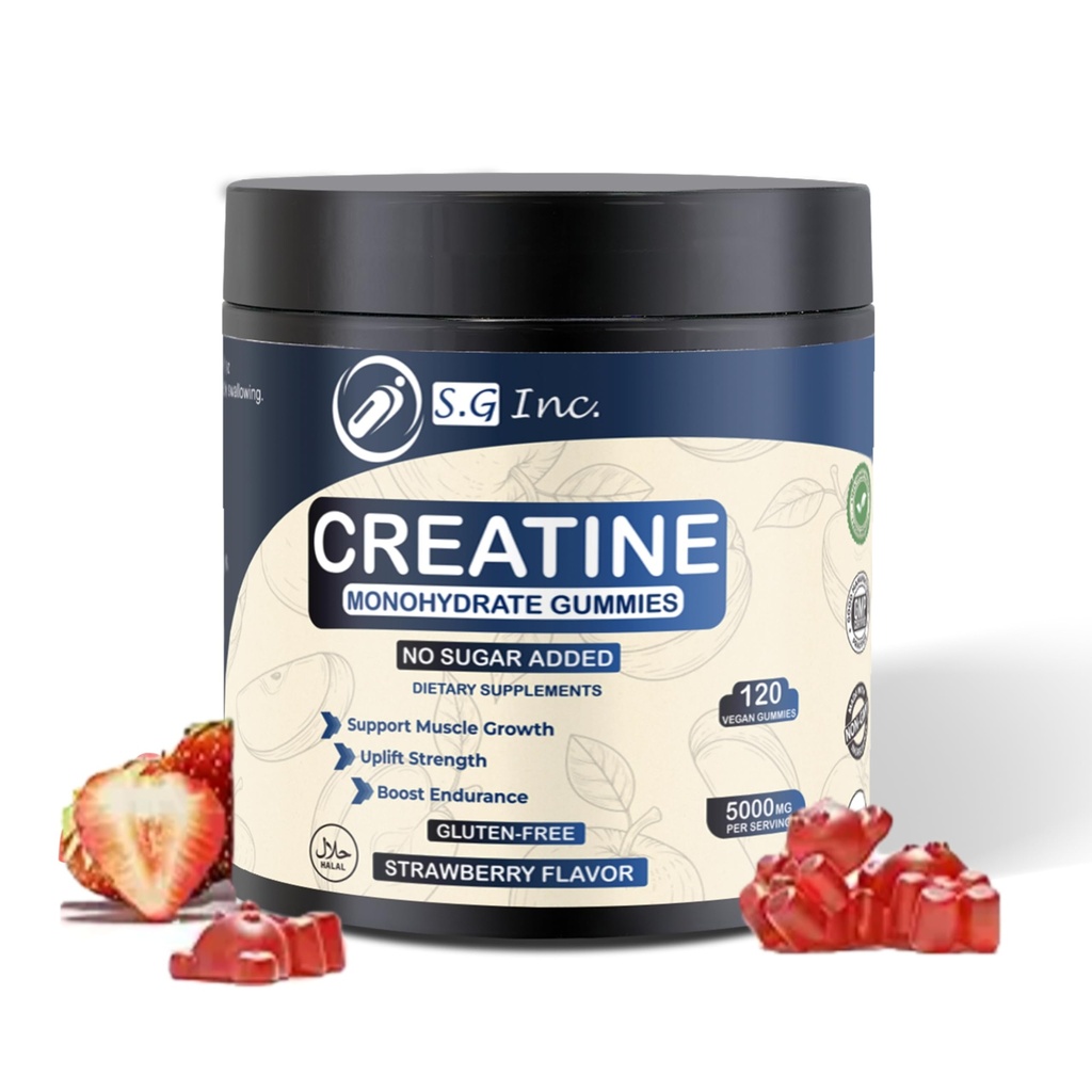 S.G Creatinine monohydrat gummier til mænd og kvinder - Sukker Free - Vegan - 5g Creatin for muskelstøtte - Pre- Work Out Chewable Kosttilskud til energi Boost - Strawberry Flavored 120ct gummies.