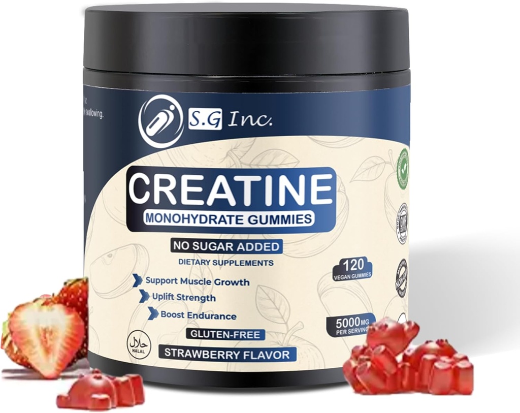 S.G Creatinine monohydrat gummier til mænd og kvinder - Sukker Free - Vegan - 5g Creatin for muskelstøtte - Pre- Work Out Chewable Kosttilskud til energi Boost - Strawberry Flavored 120ct gummies.