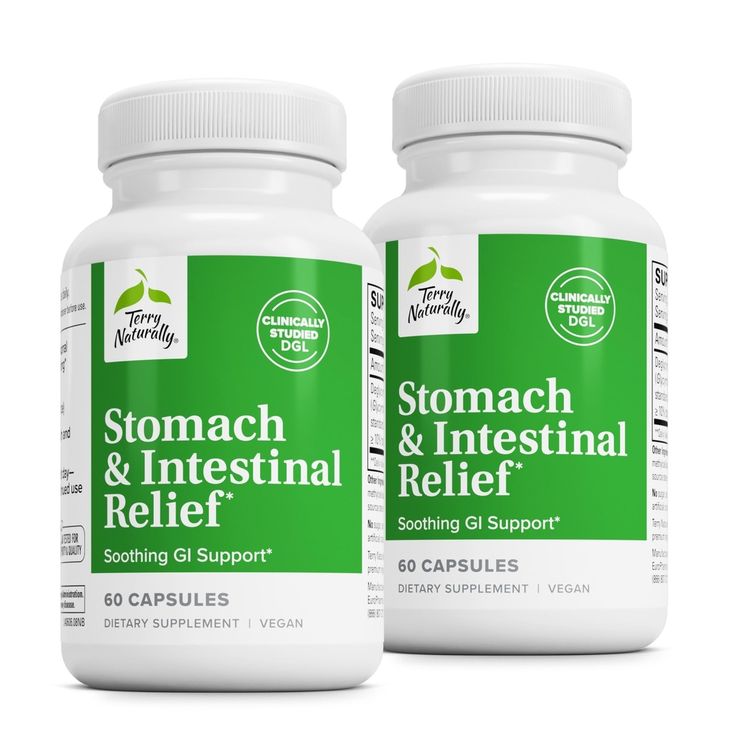 Terry naturligt stomach & intestinal relief - supplement til støtte fordøjelsessygdomme & intestinal lining - aids mod lejlighedsvis fordøjelsesbesvær til Soothe stomach - 60 kapsler (2 pakker)
