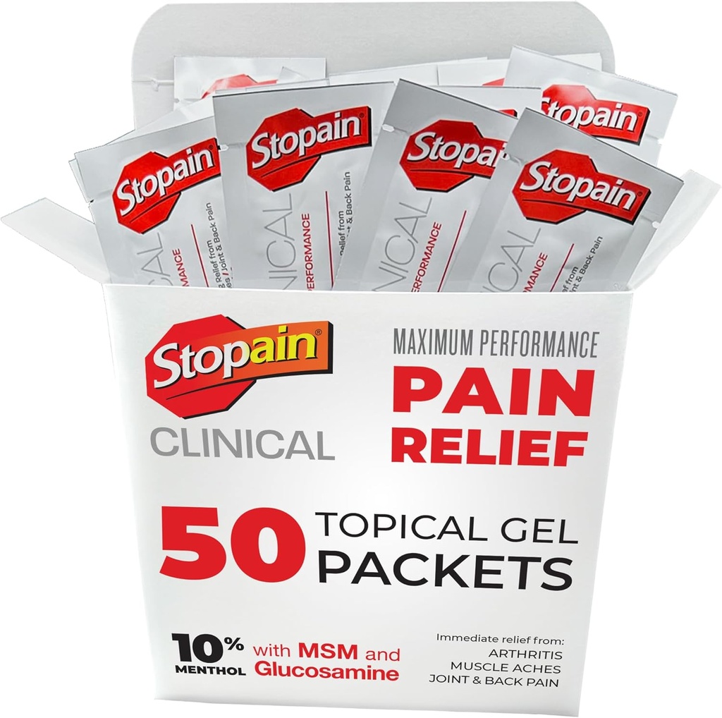 Stopain Smerte Relief Clinical Gel Packets, USA Made, Max Strength Fast Funktion med MSM, Glucosamin, Menthol for Gigt, Lavere Ryg Sciatica, Knee, Neck HSA FSA Topical Analygesic Products, 50 Pack