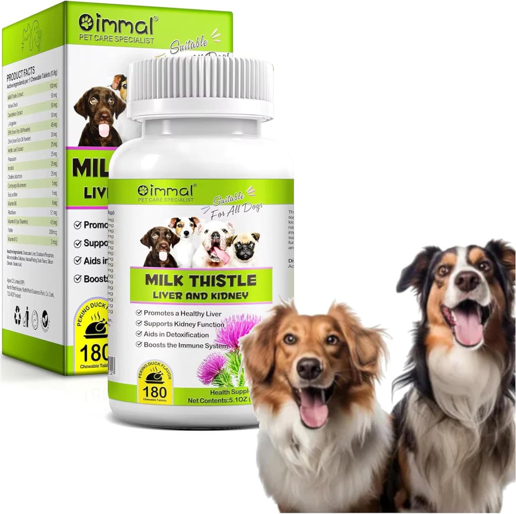 Mælk tidsel til hunde - 180 tyggetabletter - Canine lever og Nyre Support Supplement til hunde - Detox - Lever supplement