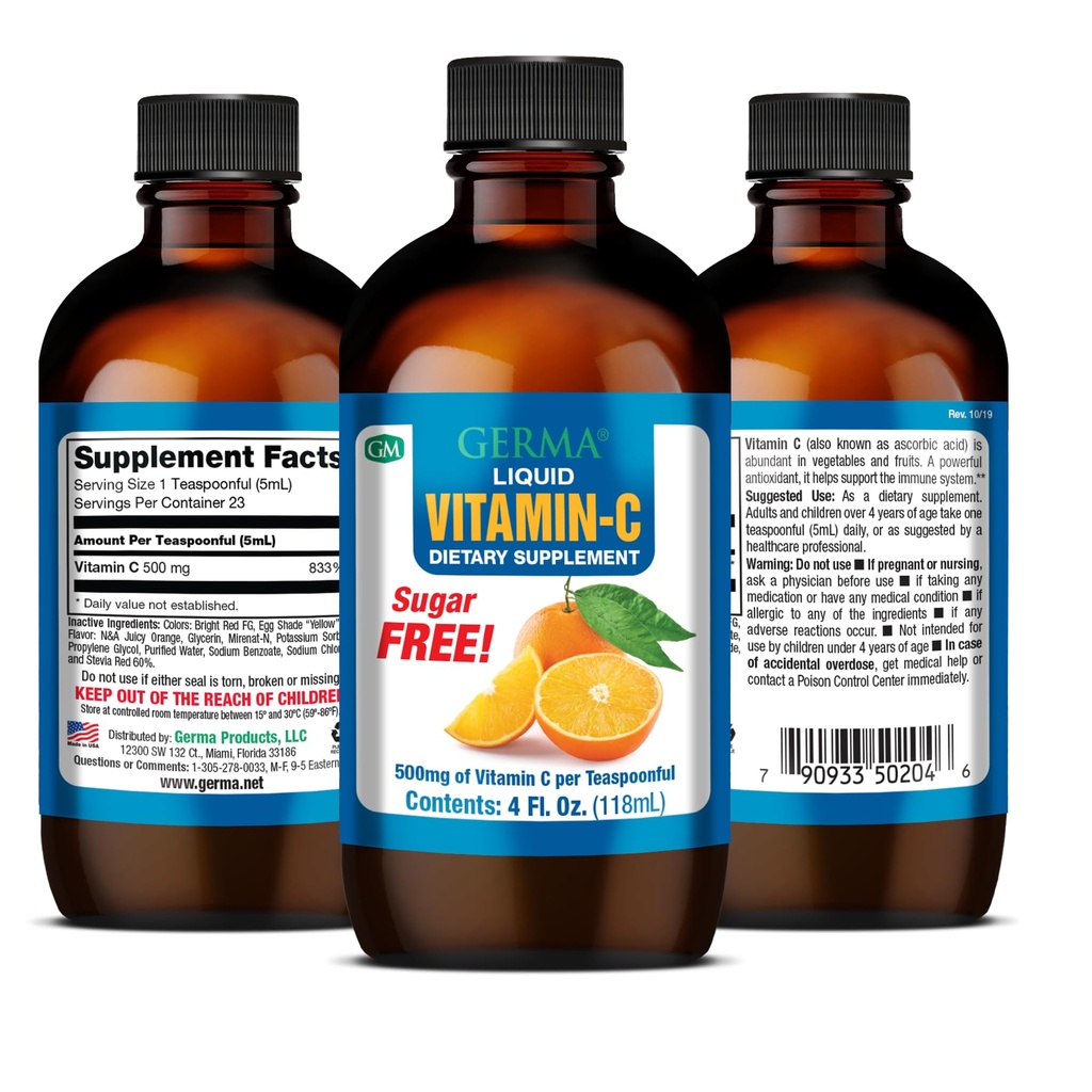 Germa Sugar- Free Liquid Vitamin C. 500 mg. Hurtig Absorption Kosttilskud. Immunsystemet Booster. 4 oz / 118ml