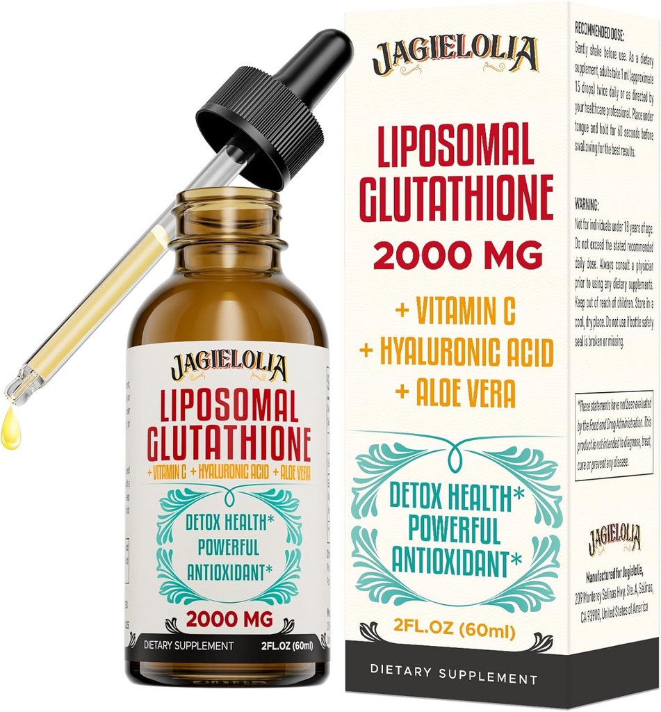 Liposomal Glutathione Liquid 2000MG - Antioxidant Detox Supplement for kvinder & mænd, Aging Defense, Leverfunktion & Energi, med Hyaluronsyre + Aloe Vera + Vitamin C, Natural & Vegan, 2 FLLOZ