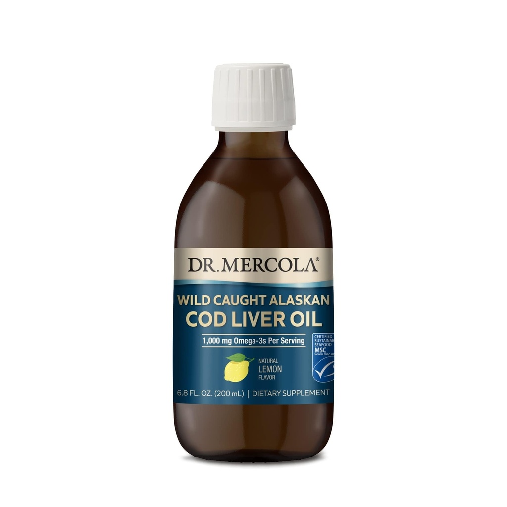 Dr. Mercola Wild fanget Alaska Cod Lever Oil, 6.8 Fl. Oz. (200 ml), 40 Servere, 1.000 mg Omega- 3s Per Servering, Kosttilskud, Understøtter hjerne og kognitiv funktion, Non-GMO, MSC Certified