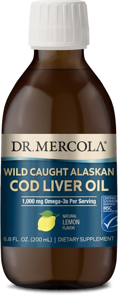 Dr. Mercola Wild fanget Alaska Cod Lever Oil, 6.8 Fl. Oz. (200 ml), 40 Servere, 1.000 mg Omega- 3s Per Servering, Kosttilskud, Understøtter hjerne og kognitiv funktion, Non-GMO, MSC Certified