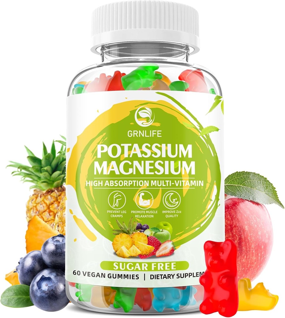Kalium Magnesium supplement Gummies, Kalium Gummies til voksne børn, høj absorption Magnesium Glycinat til ben kramper og immunforsvar, sukkerfri, Vegansk blandet smag, 60 Greve