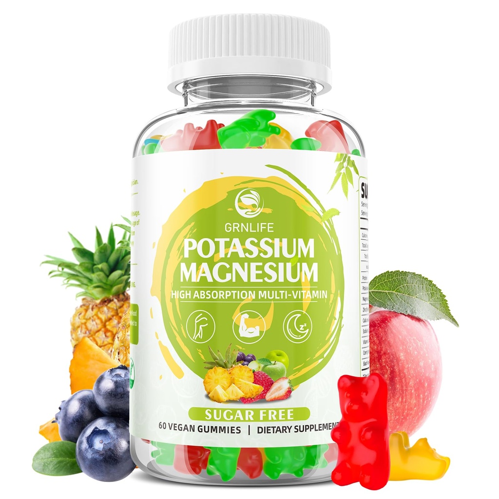 Kalium Magnesium supplement Gummies, Kalium Gummies til voksne børn, høj absorption Magnesium Glycinat til ben kramper og immunforsvar, sukkerfri, Vegansk blandet smag, 60 Greve