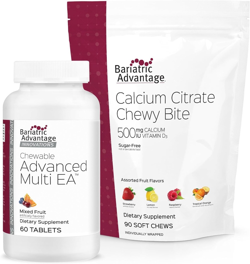 Bariatric Advantage Advanced Multi EA uden jern - blandet frugt, 60 Greve og Calcium Citrate Chewy Bites 500 mg - Assorted Fruit Flavor, 90 Greve