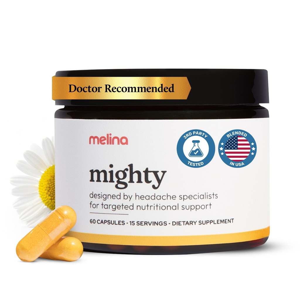Melina Mighty Natural Migræne Relief Supplement - Magnesium, B2 Riboflavin 400mg, Feverfew, CoQ- 10, ALCAR at styrke Migræne og Hovedpine Forebyggelse - 15 Serveringer (60 Caps)