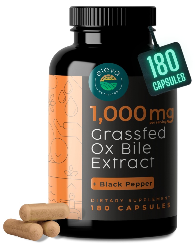 Grass- Fed Ox Bile Extract 1000mg Bile Salts Kosttilskud med sort peber. Understøtter fordøjelsessygdomme - 180 Tæl