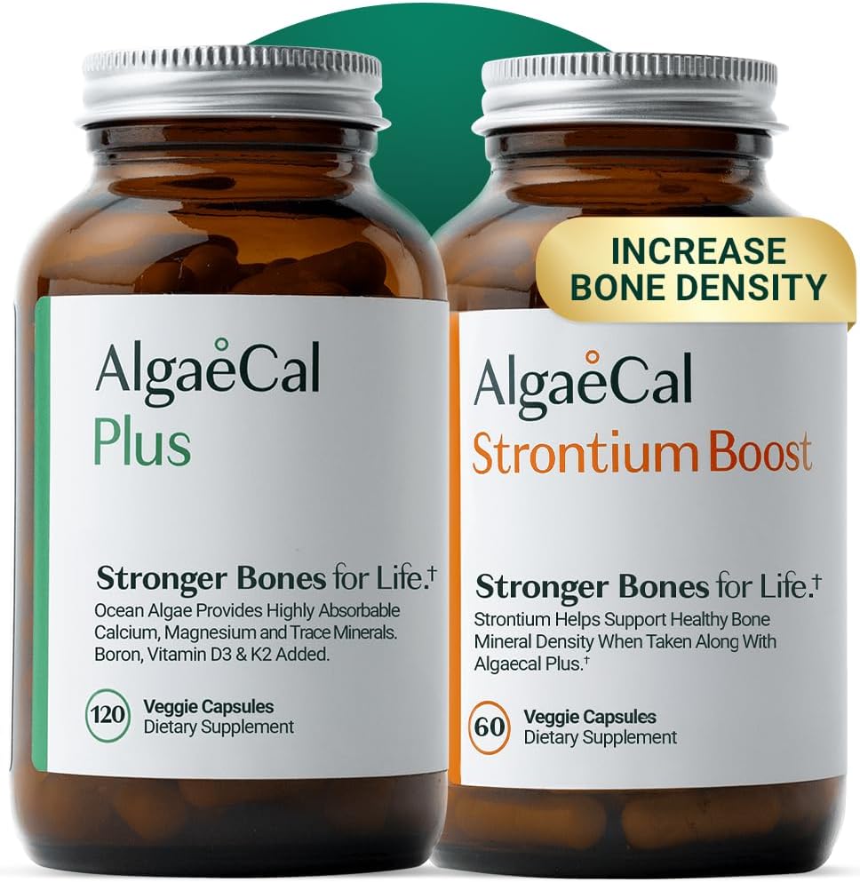 AlgaeCal - Bone Builder Pack til Knoglevægtøgning, klinisk understøttet Plant baseret Calciumsupplement & Strontium, Vitamin K2 (100mg), D3 (1600 IE), Magnesium & 16 Væsentlige næringsstoffer