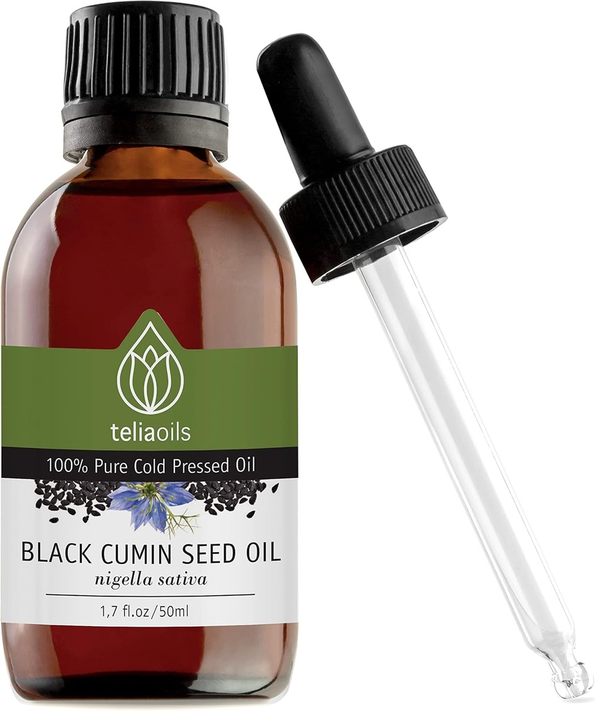 Teliaoils Black Seed Cumin Oil, 100% Pure, Natural, Cold Pressed, Rich in Omega-3 & Omega- 6 fedtsyrer & Polyphenoler Premium Grade, For hud, negle & hår, en fremragende antioxidant
