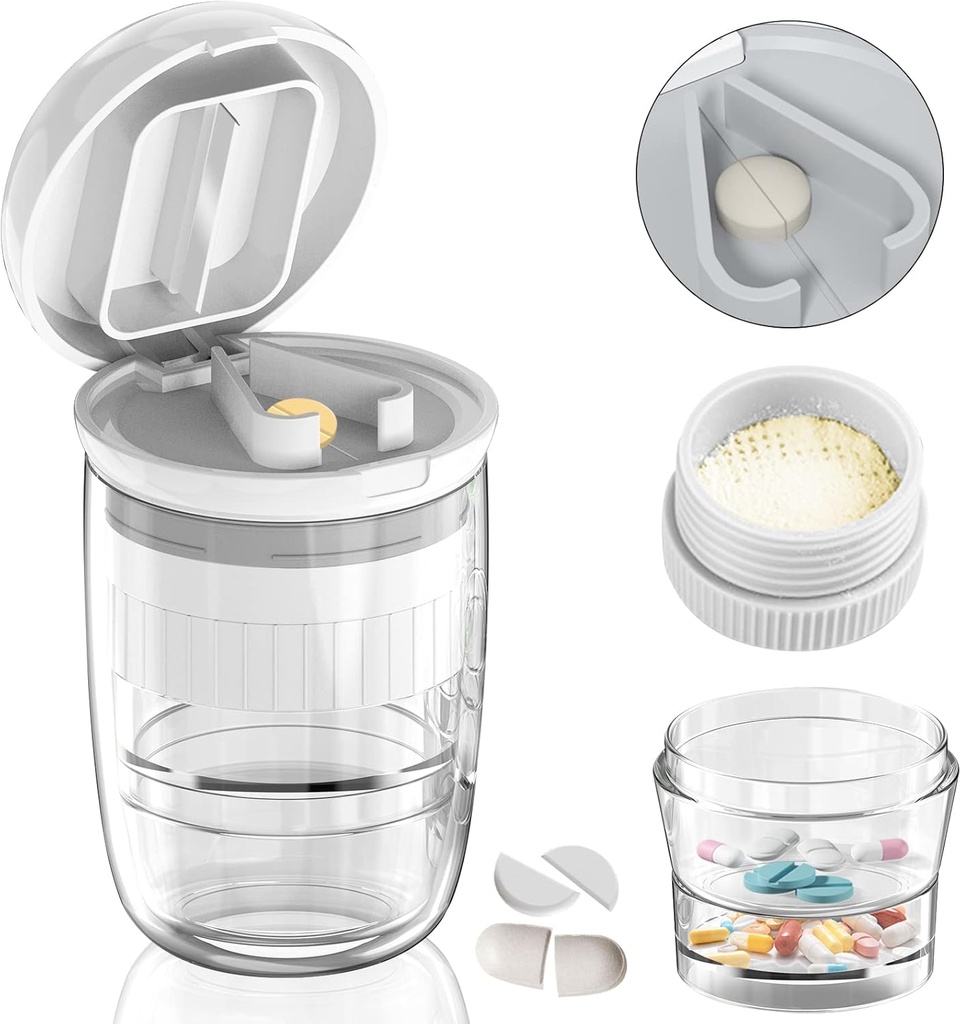 White-1 Pill Splitter og Cutter, Knuser Tabletter, Vitaminer, Rustfrit stål Blade, Aftagelig Drikkekop