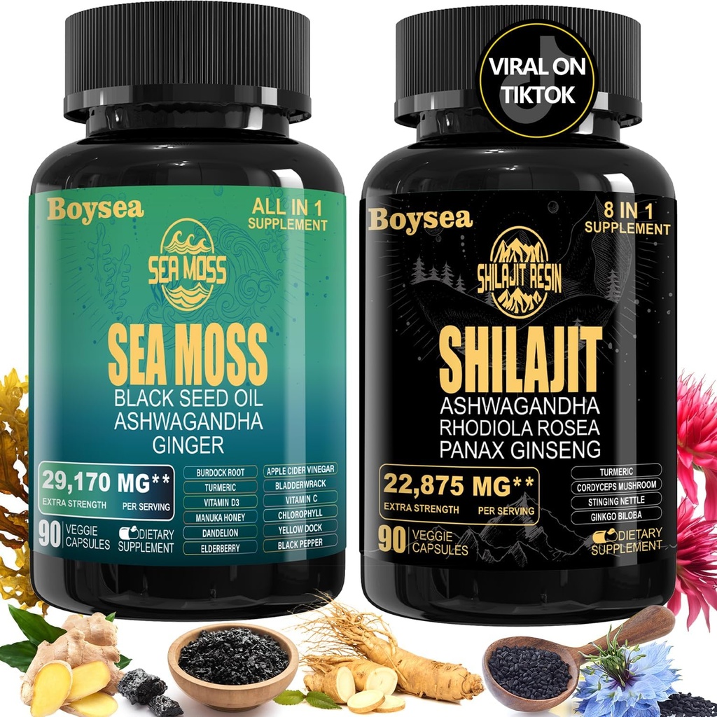 Boysea. Shilajit og Sea Moss Bundle - Sea Moss (7000mg), Ashwagandha (2000mg), Black Seed Oil (4000mg), Ginger & Shilajit (9000mg), Rhodiola Rosea (1000mg) - 90 Greve (1 pakke)